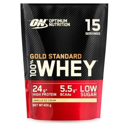 Abbildung von Optimum Nutrition Gold Standard 100% Molkenproteinpulver für Muskelaufbau und regeneration mit natürlich vorkommendem Glutamin BCAA Aminosäuren, Vanilla Ice Cream, 15 Portionen, 450 g