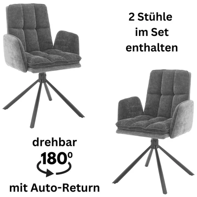 Abbildung von LIVIA Esszimmerstühle 2er Set mit schwarzem Metallgestell und Microfaser Bezug, Grau Bequeme Stühle für Esszimmer &amp; Wohnzimmer 60 x 90 67 cm (B/H/T)