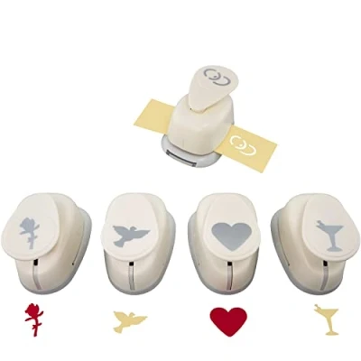 Abbildung von Motivstanzer A689945 Set Hochzeit, Wedding 5 Motive 2,54cm Taube, Ringe, Rose, Glas, Herz, Kunststoff, weiss