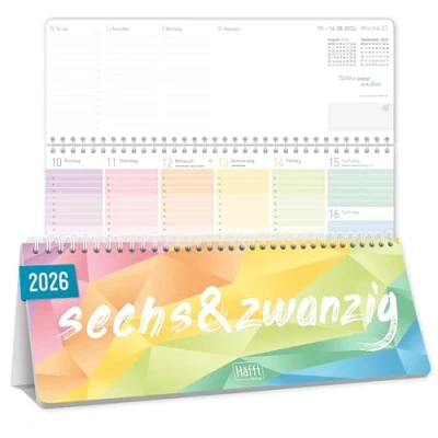 Abbildung von =Häfft® Wochen Tischkalender 2026 quer zum Aufstellen &quot;Rainbow&quot; 1 Woche 2 Seiten, Schreibtisch Kalender mit Aufsteller, Wochenkalender 29,7 x 11,6 cm nachhaltig &amp; klimafreundlich