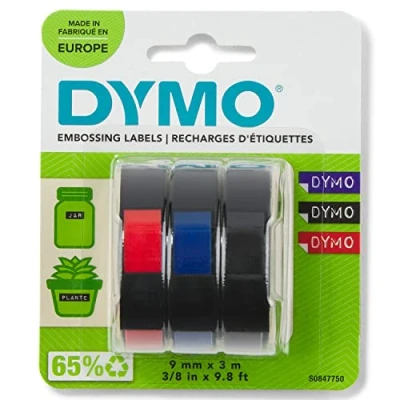 Abbildung von DYMO Original Prägeband 3D schwarz blau, rot und 9 mm x 3 m selbstklebendes Kunststoff Etikettenband für Junior &amp; Omega Beschriftungsgerät Stück