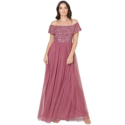 Abbildung von Maya Deluxe Damen Women&#039;s Bardot Dress for Women Maxi Embellished High Empire Waist Sleeveless Tulle Wedding Guest Brautjungfernkleid, Desert Rose, 38 EU