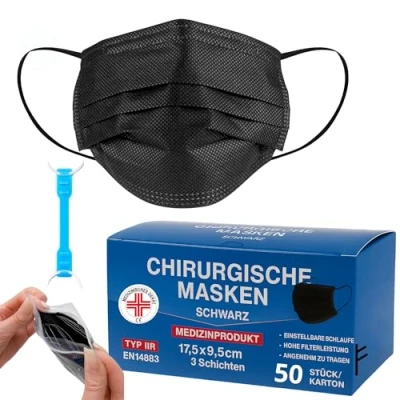 Abbildung von Medizinisch Type IIR Norm EN14683 zertifizierte Mundschutzmasken OP Masken 3 lagig Mundschutz Gesichtsmaske Einwegmaske BFE ≥ 98% surgical mask (50 Einheiten (1 Stück), Schwarz, 50)