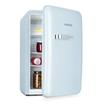 Abbildung von Klarstein Audrey Mini kleiner Kühlschrank, kompakte Bar, freistehend, Kompressionskühlung, Fassungsvermögen, Kühlung: 0 10 C, Kühlschrank mit 70 Liter blau