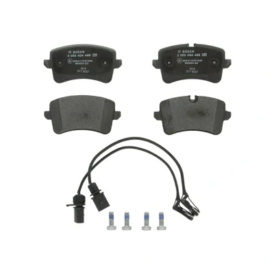 Abbildung von BOSCH 0 986 494 446 Bremsbelagsatz Low Metallic inkl. Verschleißwarnkontakt mit Montageanleitung, Anti Quietsch Blech, Schrauben AUDI: A8 D4