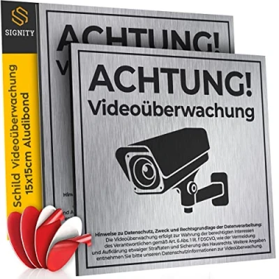 Abbildung von 2 er SIGNITY Schild Videoüberwachung (15x15 cm klein) inkl. DSGVO Hinweis Warnschild Kamera Überwachung ideal zur Attrappe Aluminium Achtung für Privatgrundstück