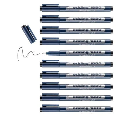 Abbildung von edding 1880 Präzisionsfeinschreiber schwarz 10 Stifte Linienbreite 0,5 mm Fineliner zum präzisen Schreiben und Skizzieren feine, metallgefasste Spitze Lineal schablonengeeignet