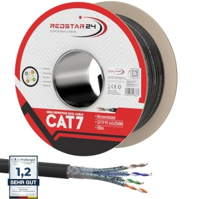 Abbildung von RedStar24 100m Cat7 Erdkabel Verlegekabel Outdoor Lan Kabel Installationskabel Schwarz AWG23/1 CAT 7 S/FTP Ethernet Netzwerk 1000MHz geschirmtes Datenkabel Netzwerkkabel für Außenbereich UV beständig