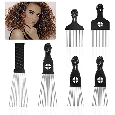 Abbildung von Heqishun 6 Stück Metallzähnen Afro Kamm Pick Afrokamm mit Griff Frisur Styling Tool für Dichtes Lockiges und Langes Haar