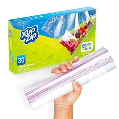 Abbildung von 30 x Premium Gefrierbeutel zur Aufbewahrung von Lebensmitteln XupZip™ 4,55 Liter, wiederverwendbar, Hochleistungskunststoff Luftdichter &amp; auslaufsicherer Bambusverschluss BPA frei
