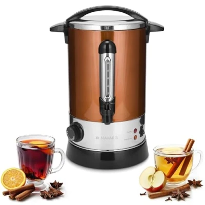 Abbildung von Navaris Glühweinkocher Heißwasserspender aus Edelstahl 6,8l mit Thermostat Füllstandanzeige Zapfhahn Glühwein Heißgetränkeautomat Kupfer
