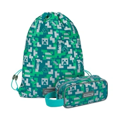 Abbildung von Baagl Minecraft Federmäppchen und Turnbeutel Set 2 Teilig für Jungen Mädchen, Schule Mäppchen, Gymsack, Federmappe, Schuhbeutel, Federtasche Teenager, Kinder Etui (Silver Creeper)
