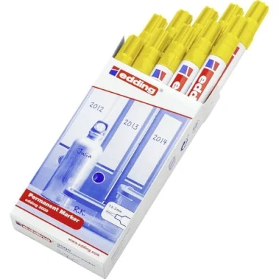 Abbildung von edding 3000 Permanentmarker gelb 10 Stifte Rund Spitze 1,5 3 mm schnell trocknender Permanent Marker wasserfest, wischfest für Karton, Kunststoff, Holz, Metall Universalmarker