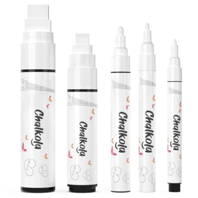 Abbildung von Chalkola Kreidestifte Weiß 5 Kreide Markers Multipack 1mm, 3mm, 6mm, 10mm, 15mm Spitze. für Fenster, Tafel, Glas und mehr. Geeignet Erwachsene, Künstler, Lehrer Kinder.