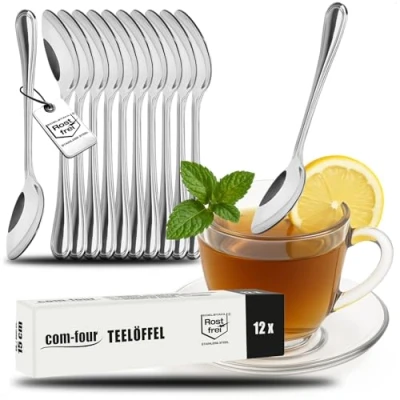 Abbildung von com four® 12x Teelöffel aus Edelstahl stilvolles Tafelbesteck im schlichten Design Kaffeelöffel Dessertlöffel Teeservice ca. 15 cm (12 Stück 15cm)
