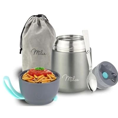 Abbildung von Milu® Thermobehälter für Essen 450ml, Edelstahl Warmhaltebehälter mit Löffel, Thermobecher Essen, Thermo Lunchbox Kinder, Erwachsene, Thermobox Suppen, Babybrei, Speisebehälter Grau, 450ml