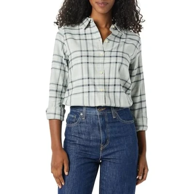 Abbildung von Amazon Essentials Damen Leichtes, Langärmeliges, Kariertes Flanellhemd, Klassischer Schnitt, Schwarz Grau Karomuster, S
