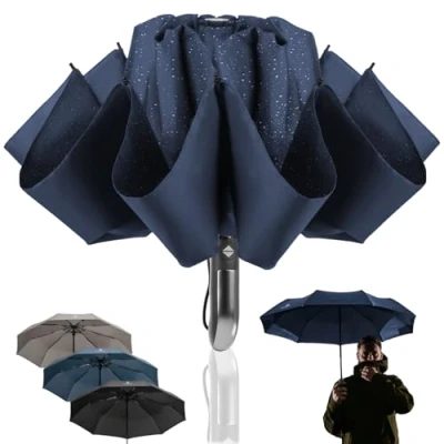 Abbildung von STYNGARD Regenschirm sturmfest bis 140 km/h zusammenfaltbar ohne zu tropfen Reverse Taschenschirm mit zertifizierter Teflon Beschichtung gegen Feuchtigkeit Modell LONDON (Blau)