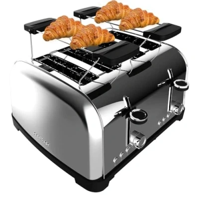 Abbildung von Cecotec Vertikaler Toaster 4 Kurze Schlitze Toastin&#039; time 1700 Double Inox, W, Scheiben Brot, 3,8 cm breiter Schlitz, 2 Brötchenaufsätze und Krümelschublade, Edelstahl