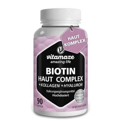 Abbildung von Haut Komplex mit Biotin, Kollagen, Hyaluron, Q10 &amp; Vitamin C, 90 Kapseln für 3 Monate, Haut, Haare Knochen, Nahrungsergänzung ohne Zusatzstoffe, Made in Germany
