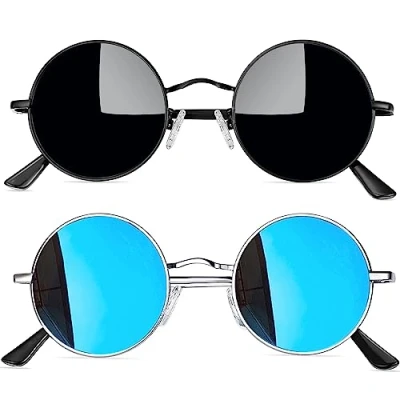 Abbildung von Joopin Sonnenbrille Rund Herren Schwarz und Polarisierte Damen Retro Blau Verspiegelt UV400 2 Pack (Silber Voll Schwarz)