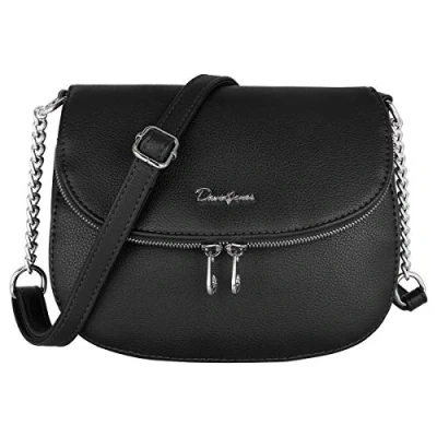 Abbildung von David Jones Damen Kleine Umhängetasche Frau Handtasche PU Leder Schultertasche Elegante Tasche Klappe Zip Reißverschluss Crossbody Bag Abendtasche Clutch Pochette Handy Stadt Schwarz