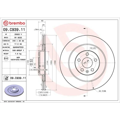 Abbildung von BREMBO COATED DISC LINE 09.C939.11 Bremsscheibe 340 20 5 innenbelüftet beschichtet VOLVO: XC90 II, XC40