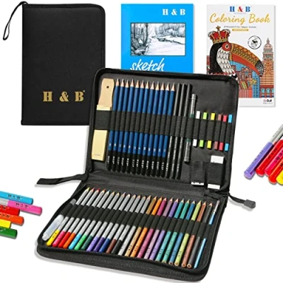 Abbildung von H &amp; B Buntstift, Künstler professionelles Zeichenstift Set für Kinder, Künstler, Erwachsene, Maler, ideal zum Skizzieren von Kindern (51 bunte Stifte mit Skizzenblock und Buch)