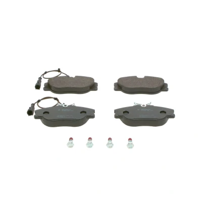Abbildung von BOSCH 0 986 460 942 Bremsbelagsatz Low Metallic mit integriertem Verschleißsensor Anti Quietsch Blech, Schrauben Zubehör