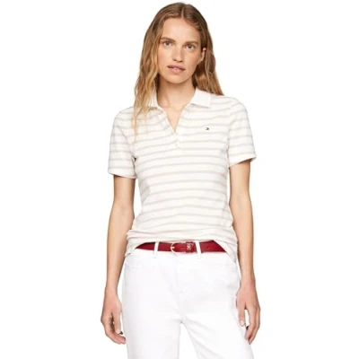 Abbildung von Tommy Hilfiger 1985 SLIM Stripe Poloshirt, Damen, Größe: Large, Ecru/classic beige