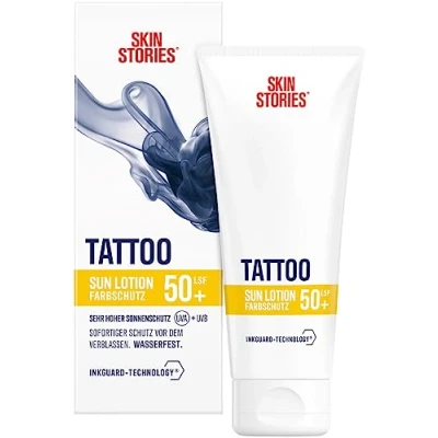 Abbildung von SKIN STORIES Sun Lotion LSF 50+ (100 ml), Tattoo Farbschutz Sonnencreme mit InkGuard Technology®, sehr hoher Sonnenschutz Panthenol und Vitamin E gegen das Verblassen von Farben