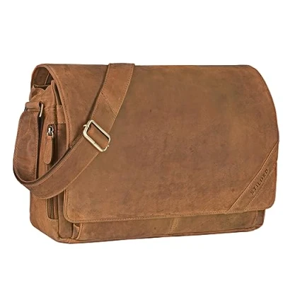 Abbildung von STILORD &#039;Nick&#039; Umhängetasche Leder Herren Damen Unitasche 15.6 Zoll Laptoptasche Aktentasche Bürotasche Vintage Büffel Leder, Farbe:dijon braun