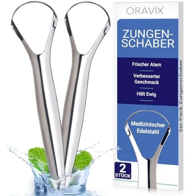 Abbildung von Zungenschaber Edelstahl Zungenreiniger Set Zungenputzer Zungenbürste aus Zungenkratzer Tongue Scraper ORAVIX