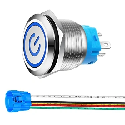 Abbildung von Gebildet 22mm Edelstahl Latching Drucktastenschalter 12V 24V 5A Power Symbol LED 1NO1NC SPDT ON Off Wasserdichter Kippschalter mit Steckdose Stecker (Blau LED)
