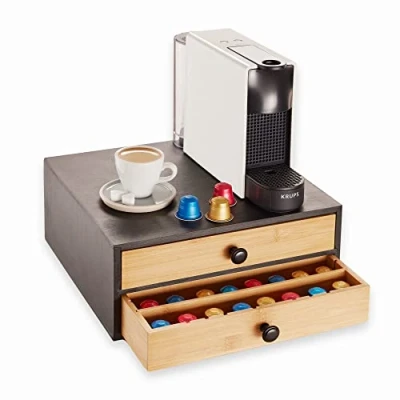 Abbildung von Navaris Bambus Kapselhalter für 72 Kapseln Aufbewahrung mit 2x Schublade und 4x Trenner Kaffeekapseln Kapselbehälter Schubladenbox aus