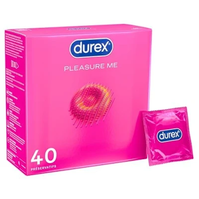Abbildung von Durex Pleasure Me Kondome mit Noppen &amp; Rippen, anatomischer Easy On Form viel Silikongleitgel befeuchtet 40er Pack (1 x 40 Stück)