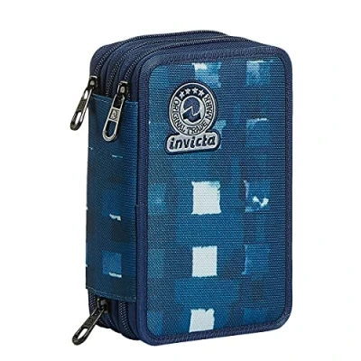 Abbildung von Invicta Federmäppchen, Mäppchen, mehrfarbig, Federtasche für Schreibwaren, Etui mit Stiften, Kugelschreiber, &amp; mehr, 3 Fächer, Mädchen Jungen, Schule Grundschule, XXL GRID SHADES blau