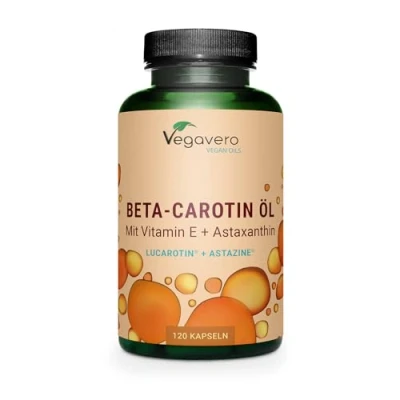 Abbildung von Beta Carotin Bräunungskapseln mit Astaxanthin + Vitamin E Premium Rohstoffe: Lucarotin® AstaZine® Keine Gelatine Laborgeprüft Ohne Zusätze Deutsche Produktion Vegavero®