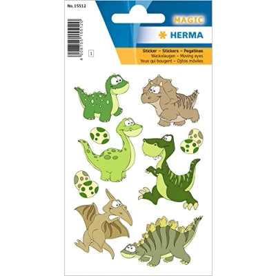 Abbildung von HERMA 15512 Aufkleber Dinosaurier klein groß, 9 Stück, Wackelaugen Tiere Sticker mit süßen Dino Saurier Motiv, Kinder Etiketten für Fotoalbum Tagebuch Poesiealbum Scrapbooking Geburtstag Deko Basteln