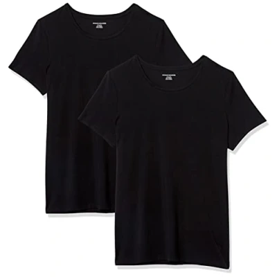 Abbildung von Amazon Essentials Damen Kurzärmeliges T Shirt mit Rundhalsausschnitt, Klassischer Schnitt, 2er Pack, Schwarz, L