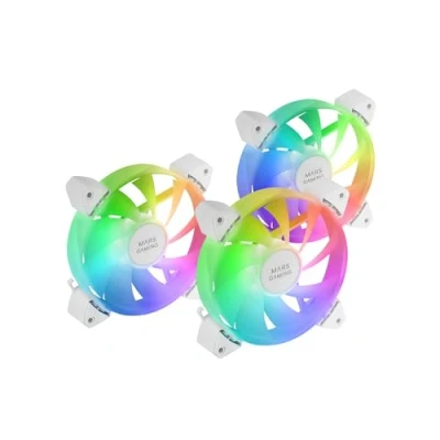 Abbildung von MARSGAMING MF 3A, Kit 3X Lüfter FDB Ultra Leise, ARGB Rainbow 360 Rahmenlose Beleuchtung, 3in1 mit Voller Kompatibilität, Dual Male + Female Connector, Weiß