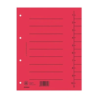 Abbildung von DONAU 8610001 04 100er Pack Trennblätter, Farbe: Rot/ Karton Register überbreit Aus Recycling 250 g/qm mit Linienaufdruck für DIN A4 4 Fach Lochung Trennlaschen Trennblätter Ordner