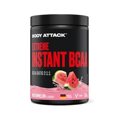 Abbildung von Body Attack INSTANT BCAA 500 g Watermelon Made in Germany Gut lösliches, veganes Pulver im Verhältnis 2:1:1 Zuckerfreie Aminosäuren für Muskelaufbau Training Mit L Leucin