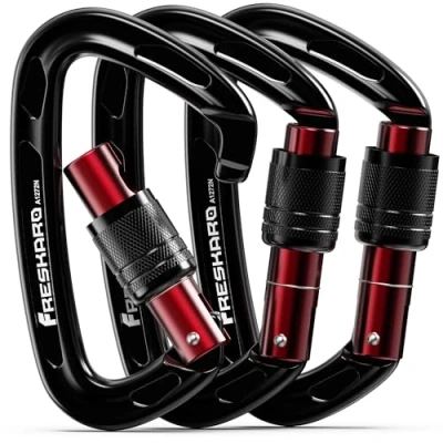 Abbildung von FresKaro Karabiner schwarz, Kletterhaken, Schraubverschluss, Auto Close, CE zertifizierter Kletterkarabiner zum Abseilen, Hundeleinen, groß, extra stark 2550kg, 3 Stück