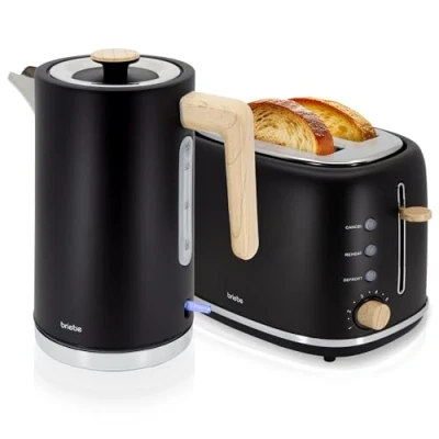 Abbildung von briebe Nordic Set Toaster 2 Scheiben Breite Schlitze mit Brötchenaufsatz, 6 Toast Stufen + Wasserkocher 1,7L Elektrischer 2200W Schnell Aufheizender, BPA frei, Frühstücksset Nordisches Design, Schwarz