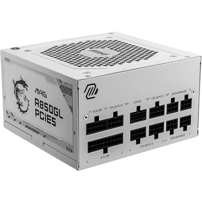 Abbildung von MSI MAG A850GL PCIE5 WHITE Netzteil, 850W, 80 Plus Gold, vollständig modular, ATX 3.0, PCIe 5.0 GPU Unterstützung, 120mm FDB Lüfter, Full Bridge LLC, Flat Black Kabel