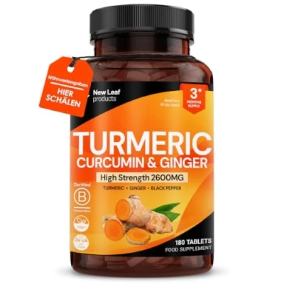 Abbildung von Turmeric Tablets 2000mg with Black Pepper &amp; Ginger ONE A Day (6 Month Supply) High Strength Active 95% Tumeric Extract, Curcumin Supplements Vegan, UK Made By New Leaf