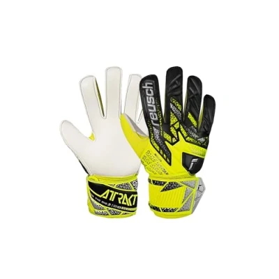 Abbildung von Reusch Attrakt Solid Junior griffige Torwarthandschuhe Kinder Jugendliche Fußballhandschuhe für Jungen und Mädchen geeignet alle Wetterbedingungen Spielfeldoberflächen, gelb Silber, 4