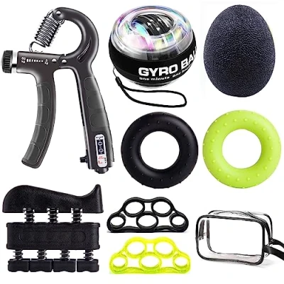 Abbildung von Handtrainer Set, 8 Stück, Fingertrainer, Kreiselball, Anti Stress Ball, Grifftrainer mit Zähler, Fingerstrecker, Handgriff Stärker, Trainingsset für Fitness Krafttraining zu Hause