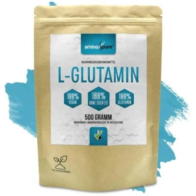 Abbildung von aminopure® L Glutamin Pulver pur per Fermentation aus Mais gewonnen 100% vegan und ohne Zusätze schadstoffgeprüft im Labor 500 Gramm